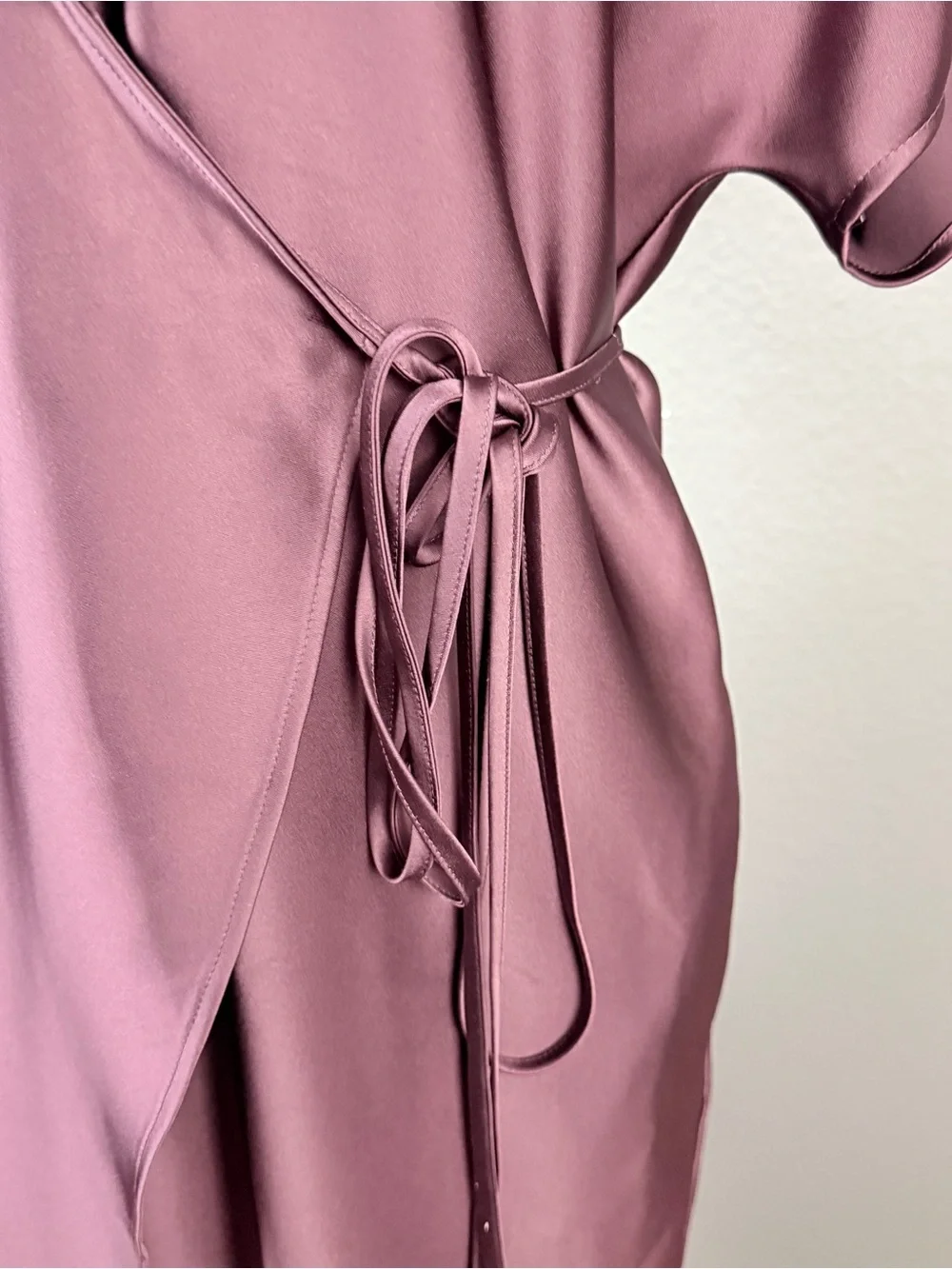 AYR Burgundy Plum Satin Kimono Wrap Mini Dress Shawl Collar Tie Waist Pockets M